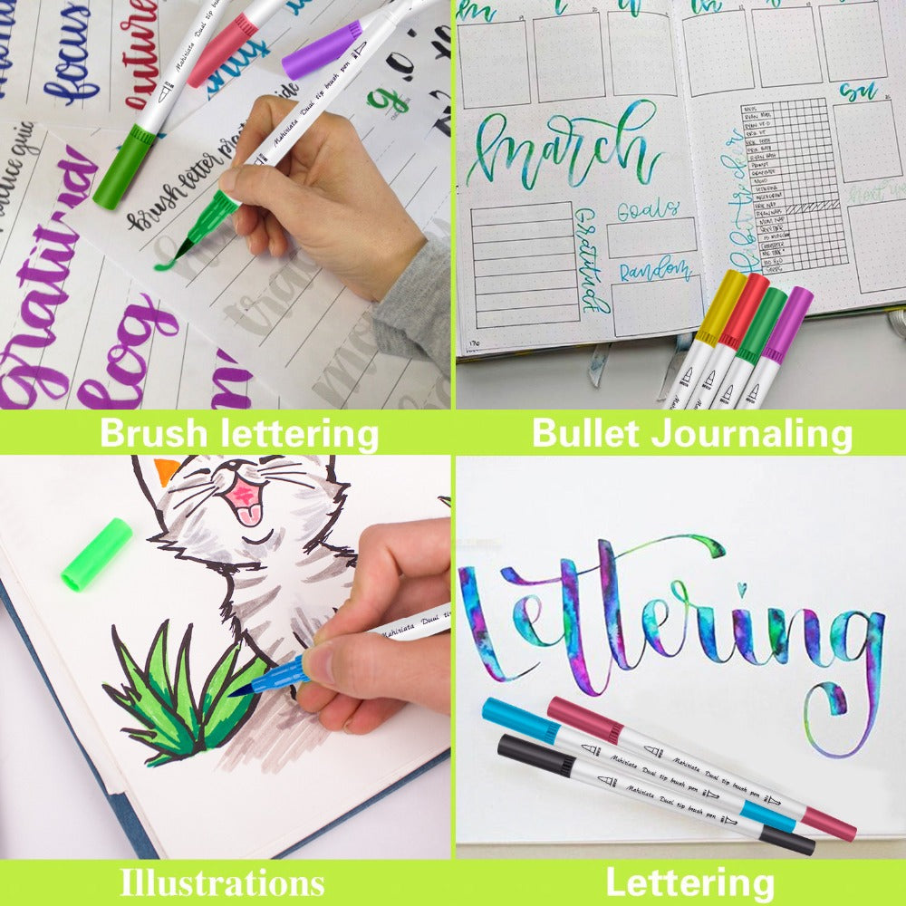 Alycoco Watercolor Brush Pens Set - Premium Soft Flexible Dual Tips Coloring Brush Pen & Fineliner Color Marker Pens for Children Adult Coloring