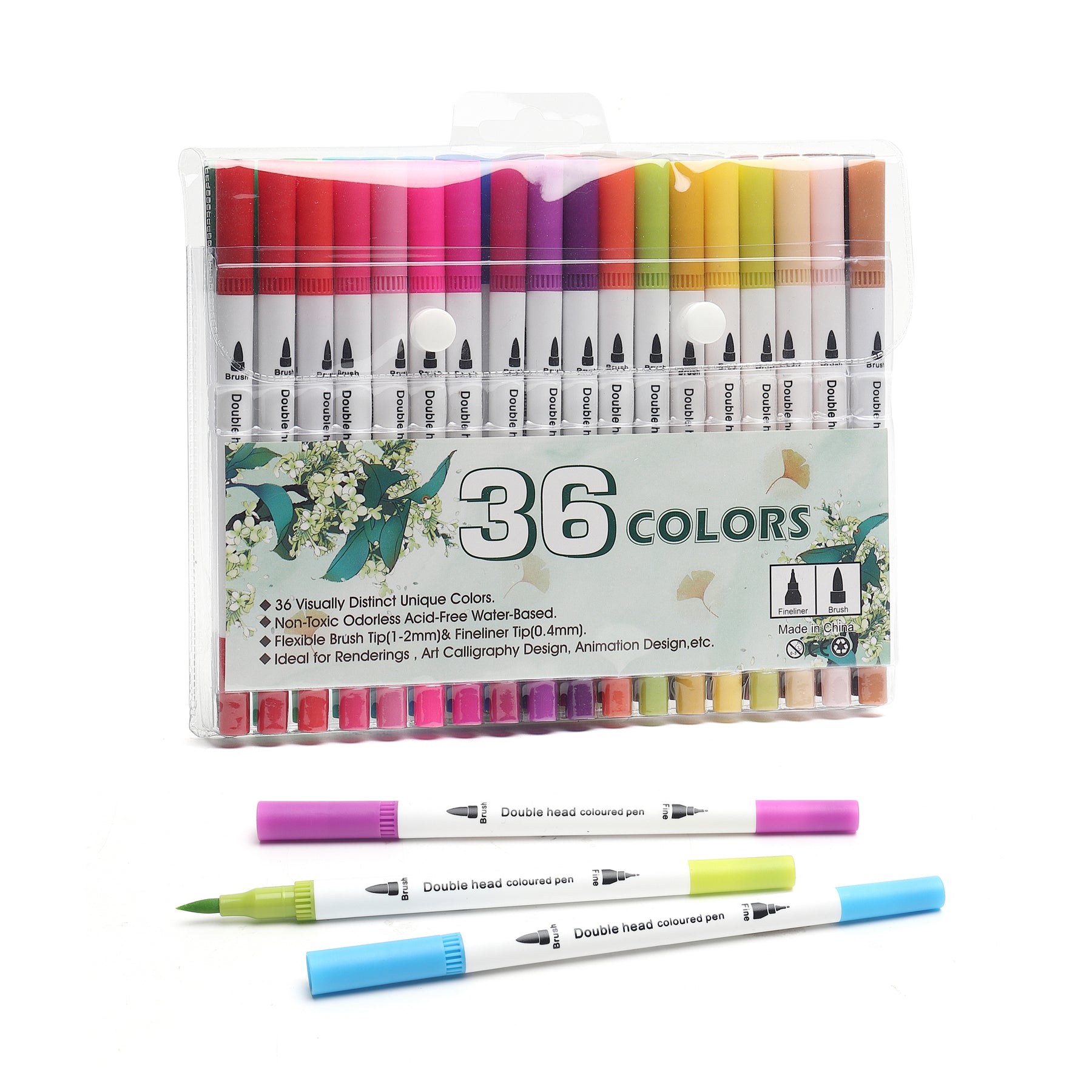36 Colors Dual Tip Brush Pens Highlighter Art Markers 0.4mm Fine